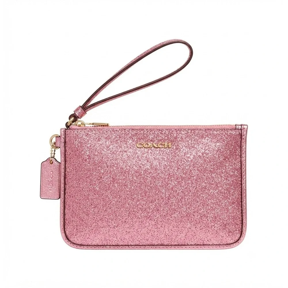 Coach Pink Glitter Wristlet‎ Gold Tone Hardware Zip Top Pouch with Card Slots
